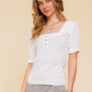 HEM & THREAD White Smocked Puff Sleeve Top Square Neck Lace Trim Button Front